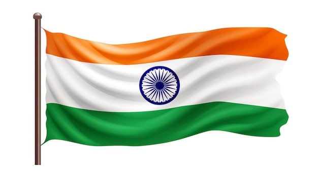 Indiase vlag vliegt hoog op Connaught Place met trots in de blauwe hemel Indiase vlag vliegt Indiase vlag op Onafhankelijkheidsdag en Dag van de Republiek van India tilt up shot Zwaaiende Indiase vlag Har Ghar Tiranga