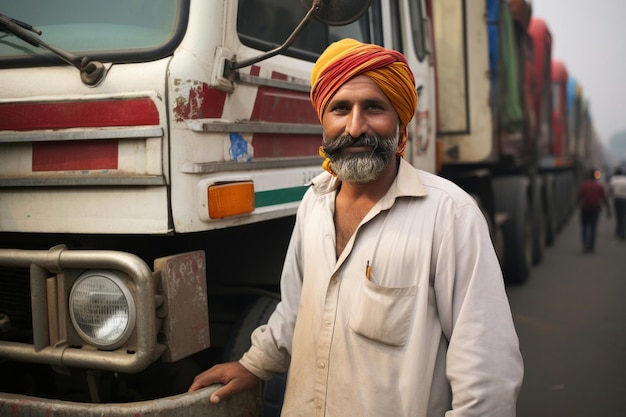 Indiase vrolijke hardwerkende vrachtwagenchauffeur die voor zijn vrachtwagen staat
