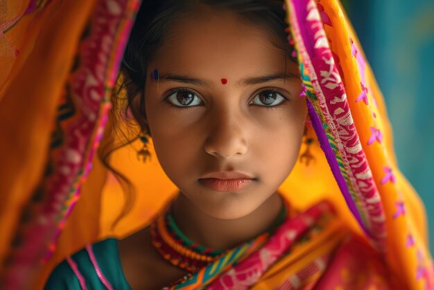 Foto indiase vrouw die levendige traditionele sari draagt