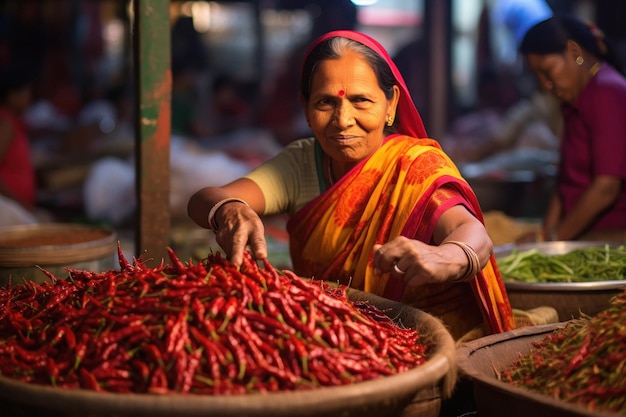 Indiase vrouw die rode chili verkoopt op de plaatselijke groentemarkt