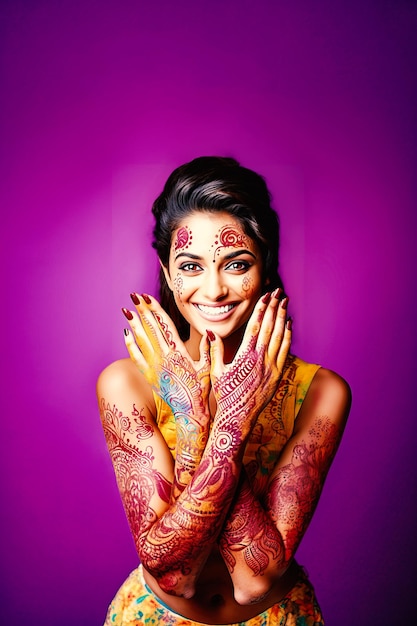 Indiase vrouw heeft henna op haar handen en gezicht op een paarse achtergrond met kopieerruimte