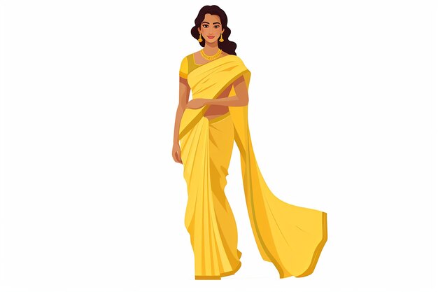 Foto indiase vrouw in gele saree plat ontwerp vector illustratie op geïsoleerde achtergrond