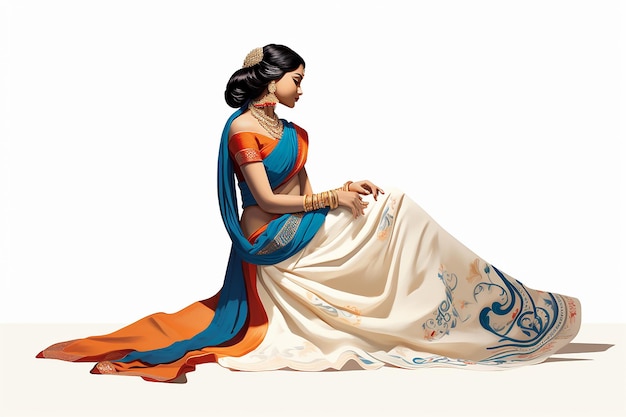 Indiase vrouw in patroon saree plat ontwerp vector op witte achtergrond