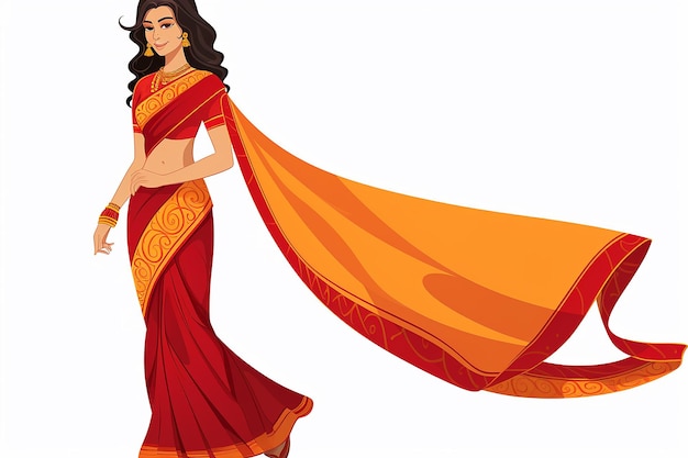 Indiase vrouw in rode en gele saree plat ontwerp vector op witte achtergrond