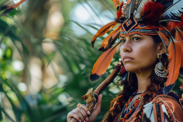 Foto indiase vrouw in traditionele kleding met vogel hoofdstuk en wapen