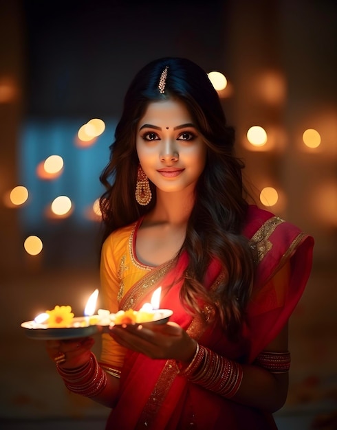 Indiase vrouw in traditionele sari met olielamp en het vieren van Diwali of deepavali lichtfestival