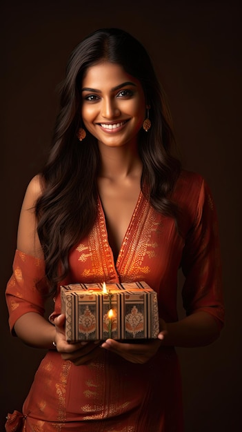 Indiase vrouw met Diwali-geschenkdoos