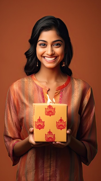 Foto indiase vrouw met diwali-geschenkdoos