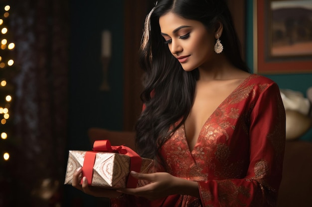 Indiase vrouw met geschenkdoos in de hand op lichte achtergrond wazig