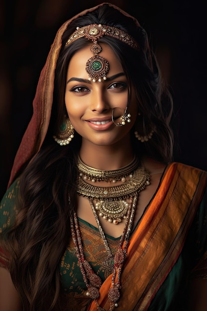 Indiase vrouw met zwart haar in sari