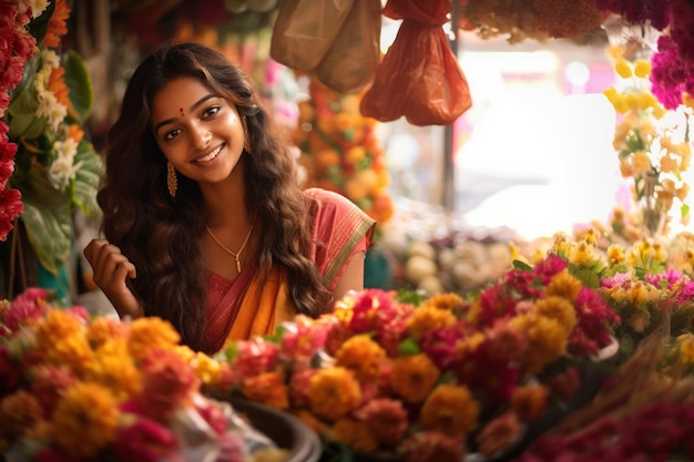 Indiase vrouw staat in een bloemenwinkel.