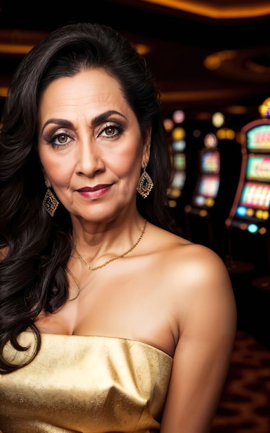 Indiase vrouw van middelbare leeftijd bij luxe casino generatieve AI