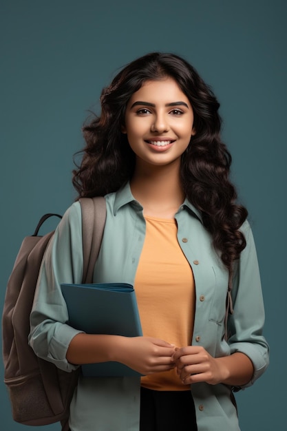 Indiase vrouwelijke studente of universitaire studente met boeken en tas