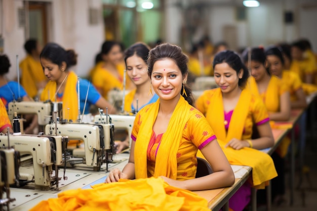 Indiase vrouwelijke textielwerker die naaldmachine gebruikt op de productielijn