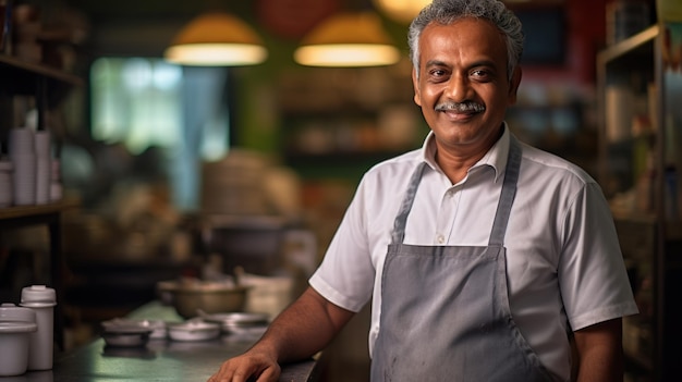 Indiase zakenman zit in zijn café.