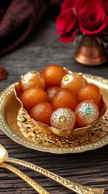 Foto indiase zoetheid gulab jamun gepresenteerd in een traditionele metalen kom vertical mobile wallpaper