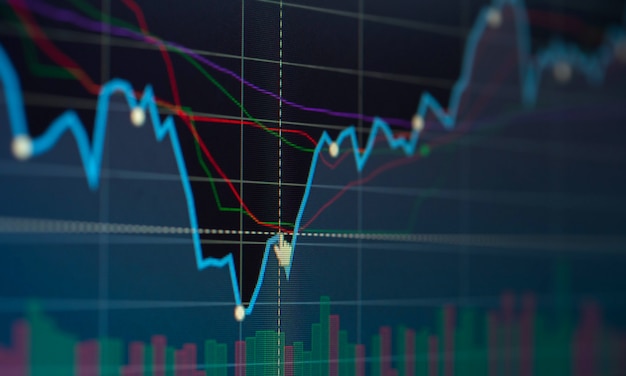 Linea di grafico indicatore dal mercato azionario sullo schermo