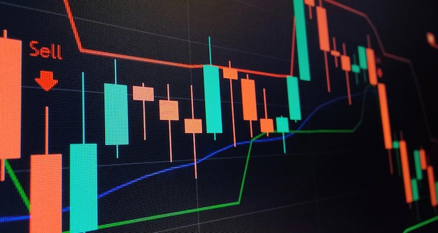 Индикатор, красная и зеленая свечная диаграмма на синем экране темы, волатильность рынка, восходящий и нисходящий тренд. торговля акциями, фон криптовалюты.