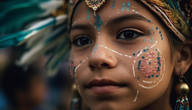 Photo indigenous beauty celebrated through colorful face paint and traditional clothing generated by ai