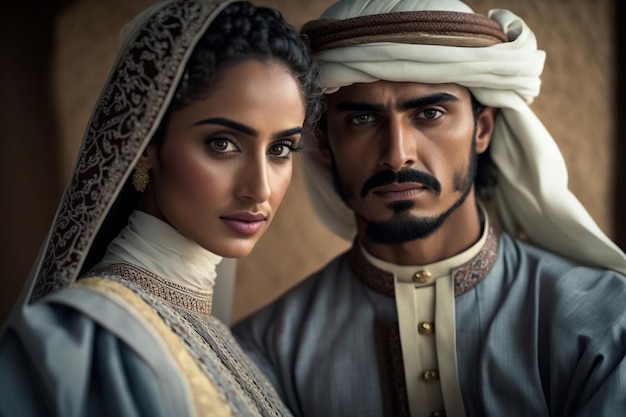 Коренная пара из арабской саудовской аравии в традиционной одежде Генерирующая иллюстрация ИИ