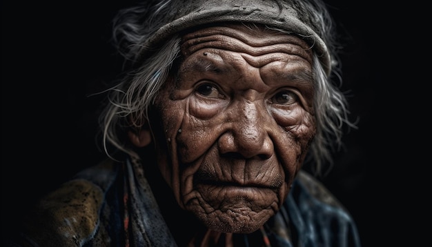 Indigenous culture aging process portraits of wrinkled seniors in traditional clothing generated by artificial intelligence