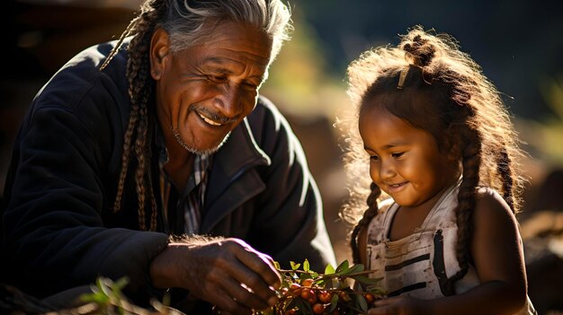 Foto anziano indigeno che pianta piantine con la nipote nel giardino di famiglia cultura aborigena