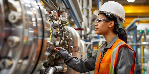 Photo indigenous engineer conducts machinery inspection in manufacturing plant with focus on diversity quality control and safety concept manufacturing plant inspection diversity in engineering