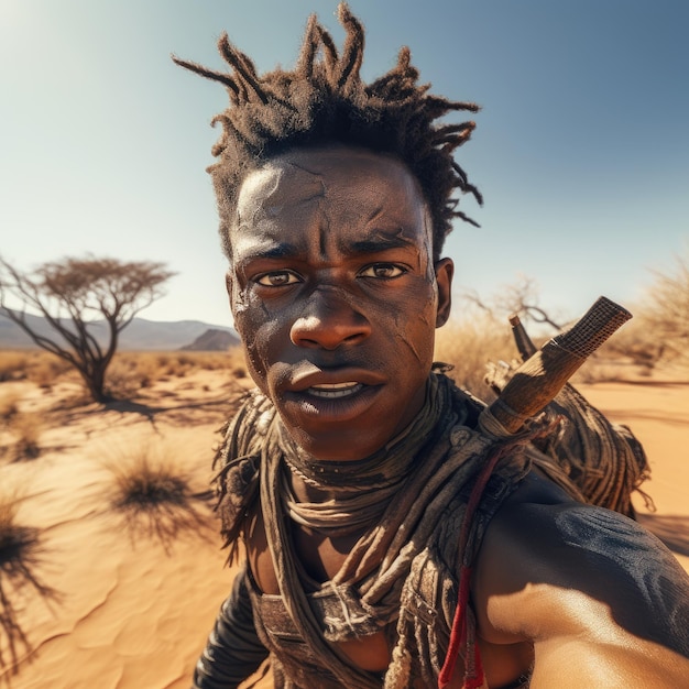 Foto uomo indigeno dell'africa che si fa un selfie