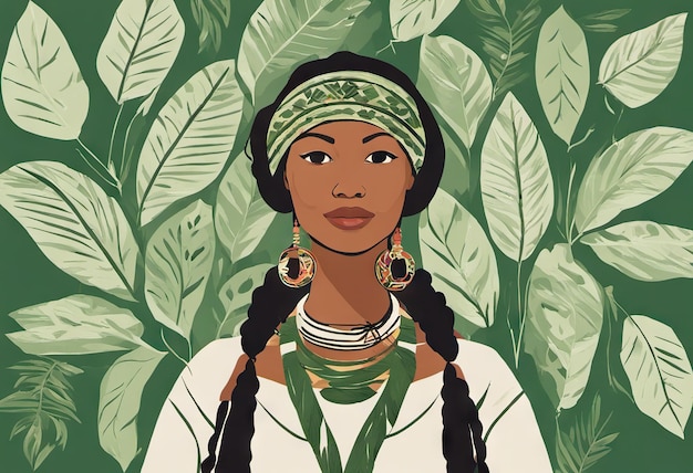 Indigenous peoples day illustration on green leaves background