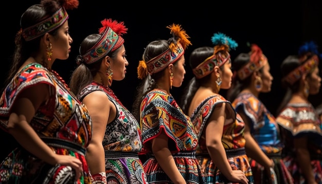 Indigenous women dancing in multi colored traditional clothing generated by AI