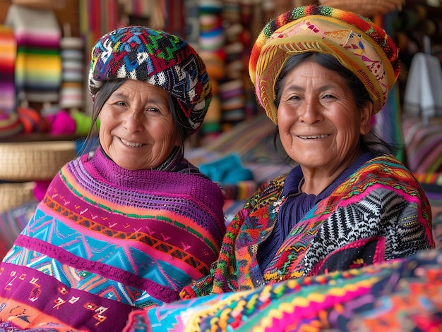 Photo indigenous women selling colorful textiles in peru with trad traditional and culture market photo