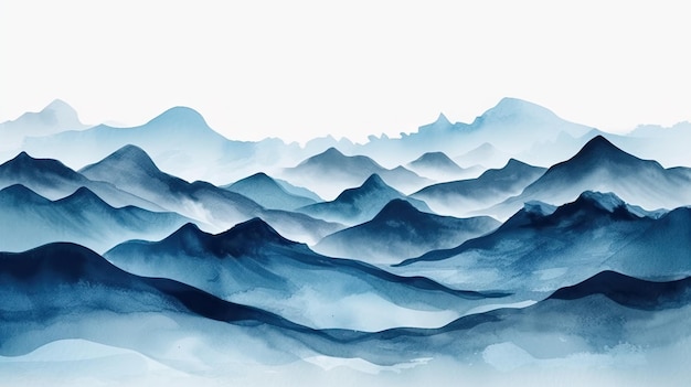 Indigo aquarel golven en bergen op witte achtergrond