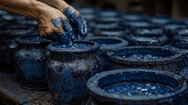 Photo indigo available indigo jar is used to dye cotton in natural color