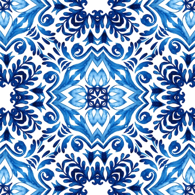 Indigo blue damask seamless ornamental watercolor arabesque paint tile design pattern