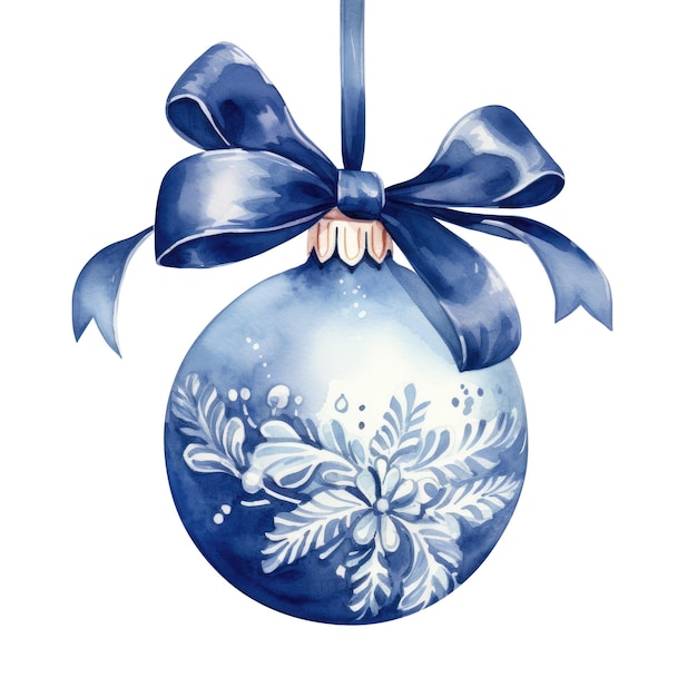 Indigo watercolor Christmas ball with ribbon and a bow isolated on background Generative AI