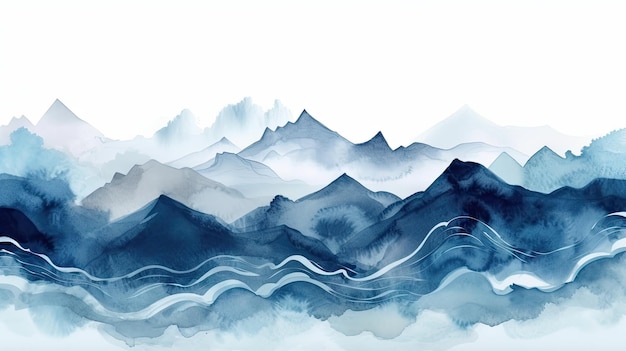 白い背景にインディゴの水彩画の波と山