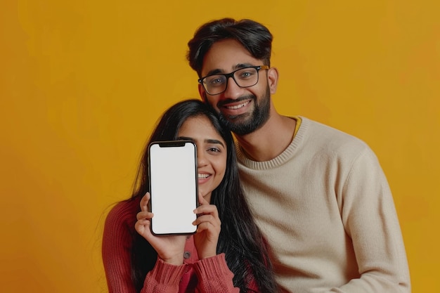 Indisch echtpaar poseert met een smartphone mockup voor app of advertentie