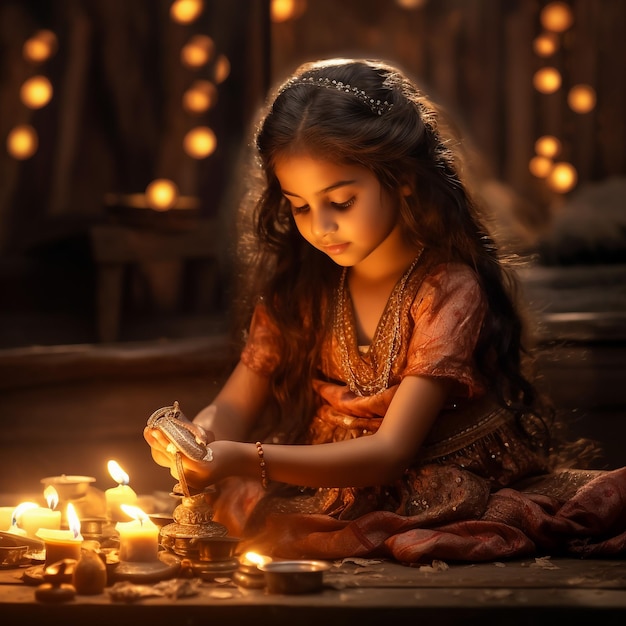 Indisch meisje dat Diyas regelt tijdens het Diwali-festival
