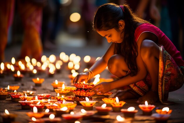 Indisch meisje dat Diyas regelt tijdens het Diwali-festival