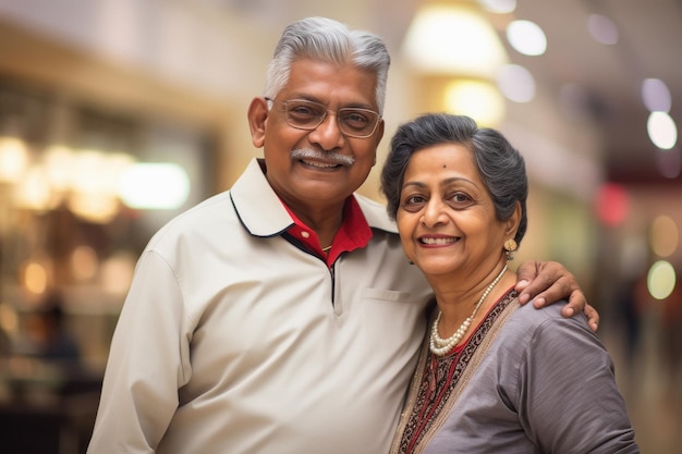 Indisch Senior koppel dat een gelukkige uitdrukking geeft op de supermarkt