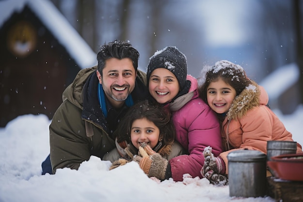 Indische Aziatische jonge familie of mensen die in de sneeuw spelen