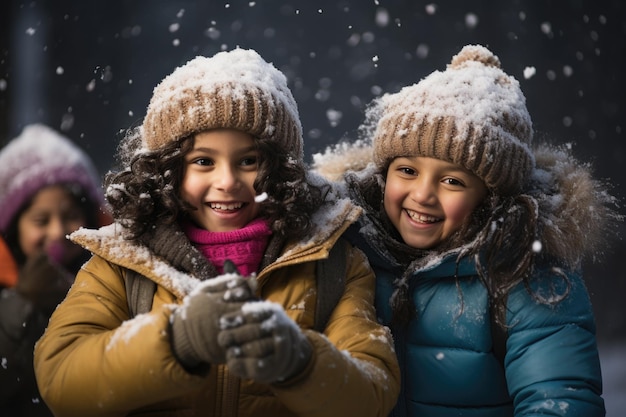 Foto indische aziatische jonge familie of mensen die in de sneeuw spelen