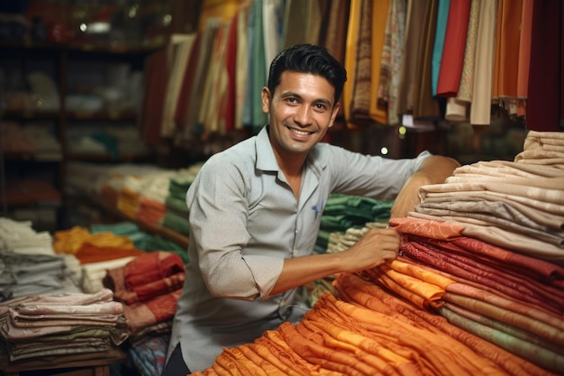 Indische blije stoffenhandelaar of kledingwinkelier die in de winkel zit en naar de camera kijkt