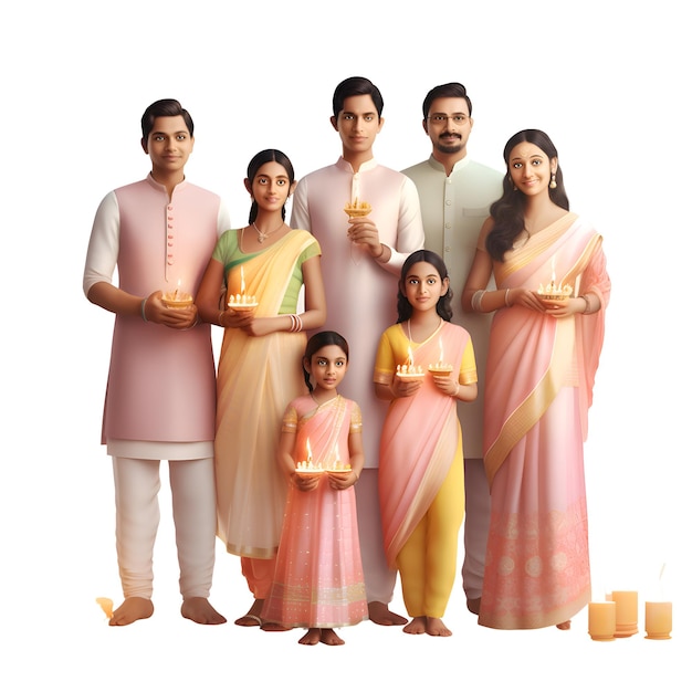 Indische familie die diwali diya en kaarsen op witte achtergrond houdt