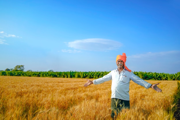 Indische landbouwer die zijn wapens uitspreidt bij tarwegebied