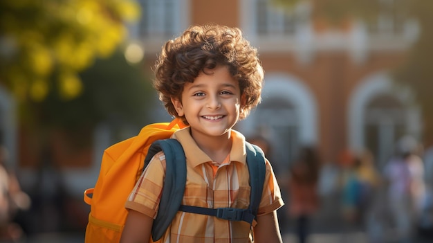 Indische schooljongen met rugzak het glimlachen