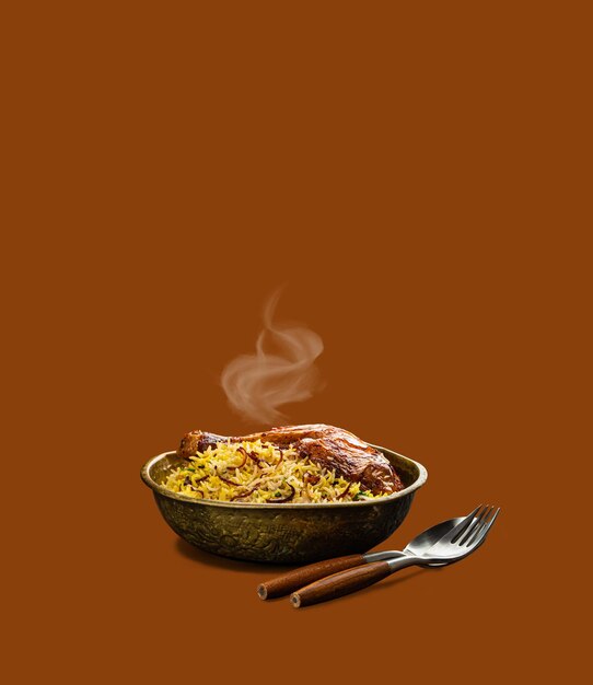 Indische schotel Biryani-kip met basmatirijst met geïsoleerde stoom