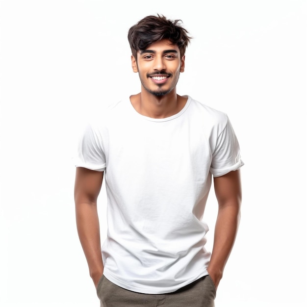 Indische student die witte t-shirt draagt die op witte achtergrond wordt geïsoleerd