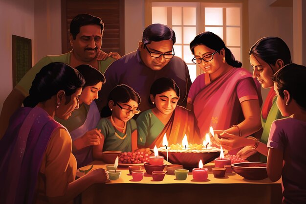 Indische traditionele familie bliksem olie lamp vieren Gelukkige Diwali cartoon illustratie