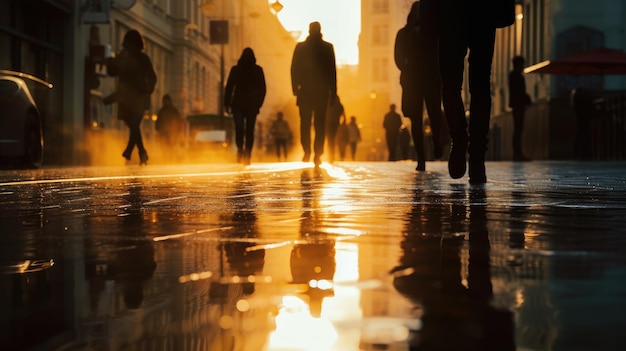 Indistinct silhouettes of people walking on a wet city street on a rainy spring day